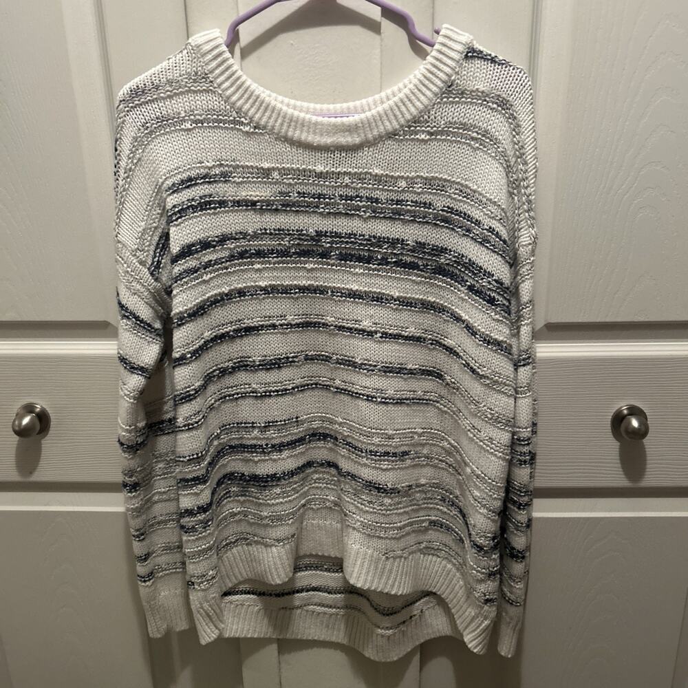Calvin Klein Jeans Cream, Blue, & Gray Striped Crew Neck Sweater Size L